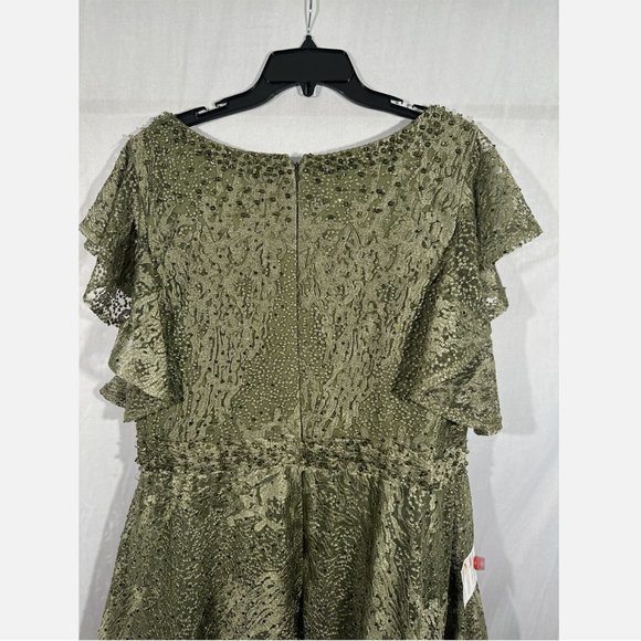 NWT $798 Mac Duggal [ 16‎ ] Embroidered Flutter Sleeve V-Neck Gown Olive Green - Picture 13 of 16